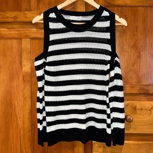 Rag and Bone Black/White Stripe Cotton Sweater with Cutout Shoulders